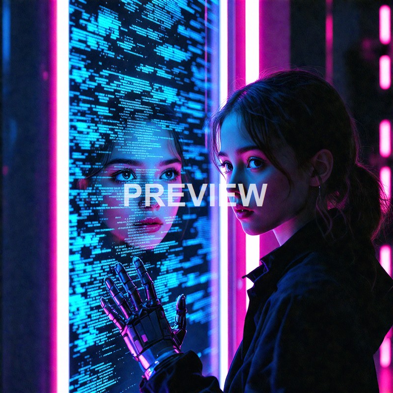 A young woman with dark hair in a ponytail, wearing a black jacket, touches a futuristic, holographic digital interface displaying her reflection in a high-tech environment illuminated with pink and blue neon lights.